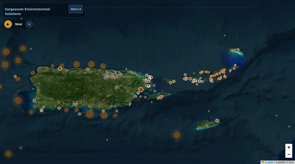 Forecast view of Puerto Rico and the Virgin Islands: weed detections offshore and forecast landing markers along the coasts.